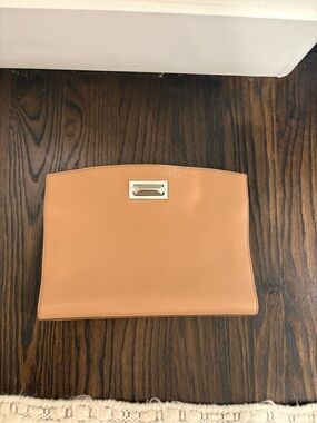 MaxMara Tan Leather Envelope Clutch with Metal Accent